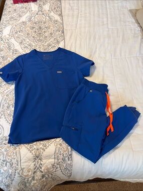 FIGS Royal Blue Scrub Set with Orange Drawcord